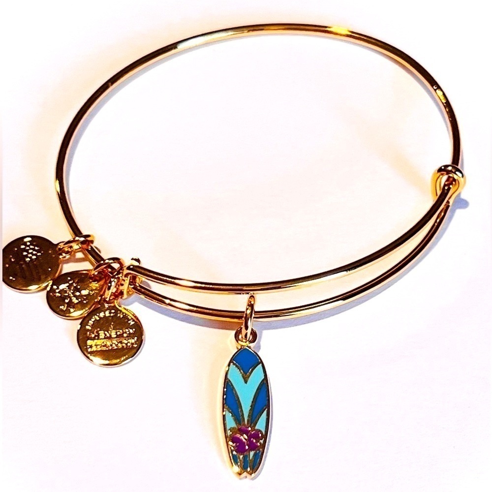 Alex and Ani Blue Flower Expandable Charm Bracelet, Shiny Gold Finish.